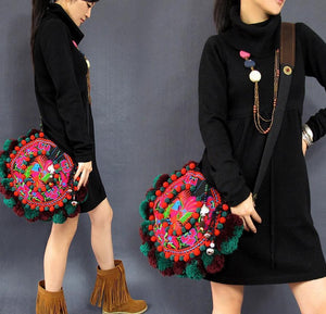 National style retro literary female bag hair ball round embroidery crossbody bag