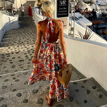 Load image into Gallery viewer, Stylish deep V halterneck sleeveless print resort beach dress