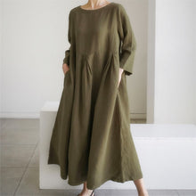 Load image into Gallery viewer, Loose Plus-size Dress Fat Japanese Cotton and Linen Round Neck Pullover Solid Color Long Skirt Big Swing Dress