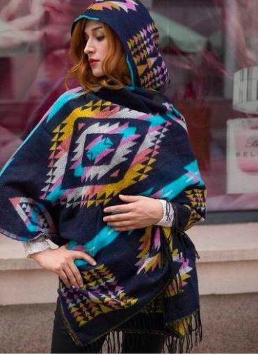 Autumn And Winter Vintage Bohemian National Style Imitation Wool Thickening Warm Hooded Cloak Shawl