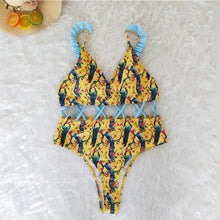 Load image into Gallery viewer, Waist Hollow Ruffled Strap Print Ins Style One Piece Swimsuit