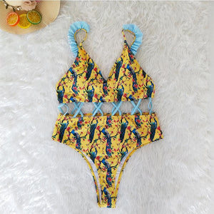 Waist Hollow Ruffled Strap Print Ins Style One Piece Swimsuit
