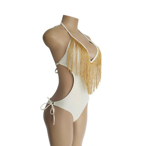 Deep V-neck Tassels Halterneck One-piece Swimwear