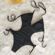 Load image into Gallery viewer, Deep V-neck Tassels Halterneck One-piece Swimwear