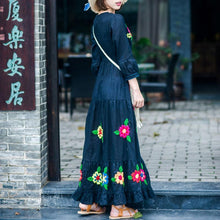 Load image into Gallery viewer, Boho Gypsy Floral Embroidery V Neck Maxi Dress