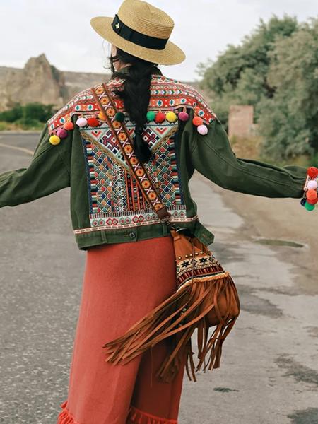 Bohemian Brown Beaded Embroidered Tassel Bucket Bag