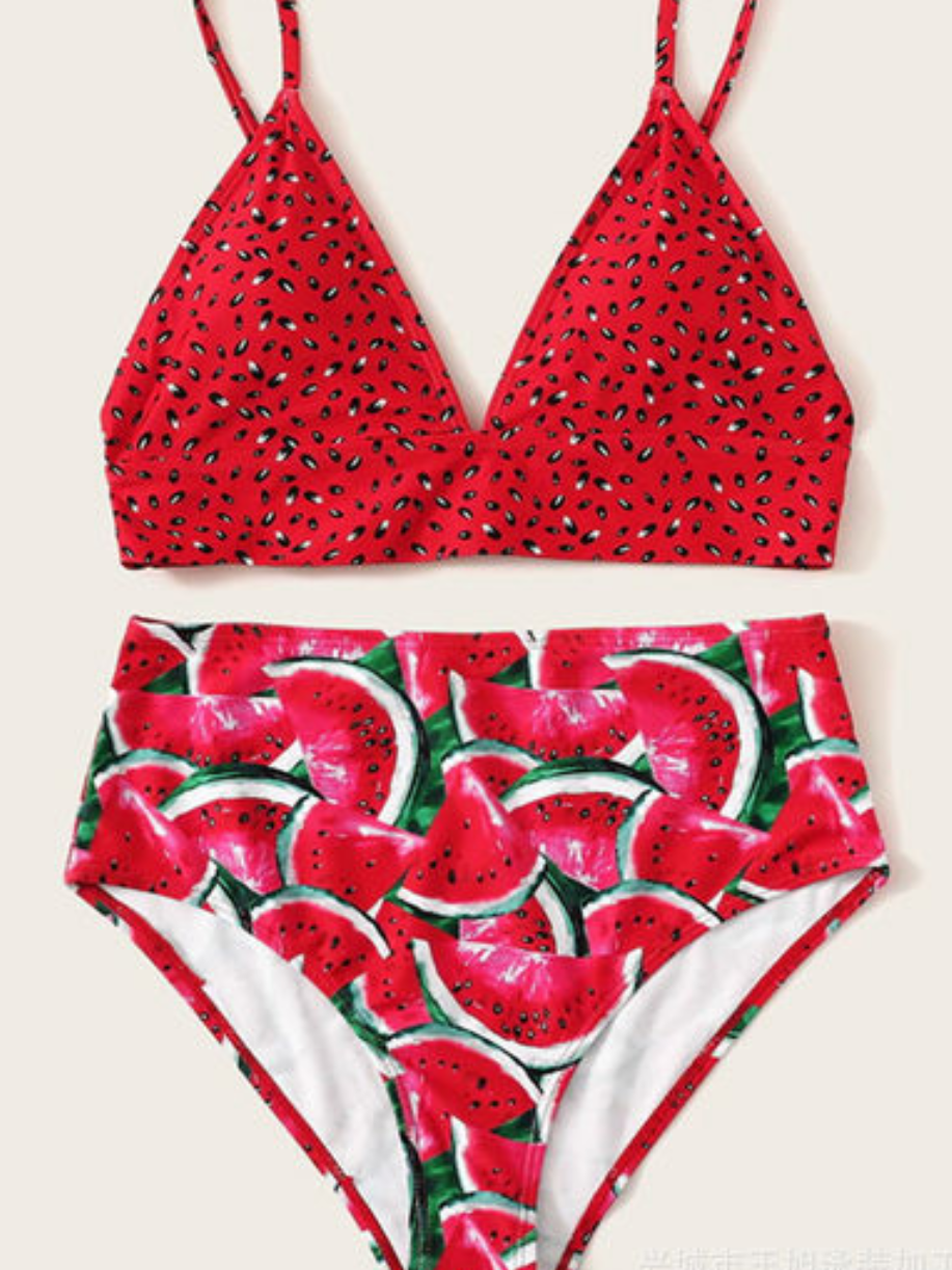 Watermelon Print Bikini Split Swimsuit