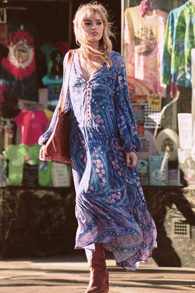 Print V Neck Long Sleeve Bohemia Maxi Dress