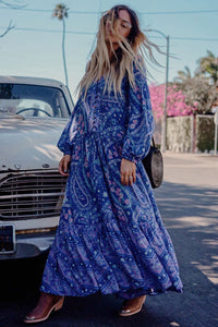 Print V Neck Long Sleeve Bohemia Maxi Dress