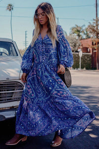 Print V Neck Long Sleeve Bohemia Maxi Dress