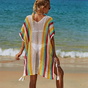 Split Side Short Sleeve Crochet-Knitted Beach-Swimwear Bikini-Cover Ups
