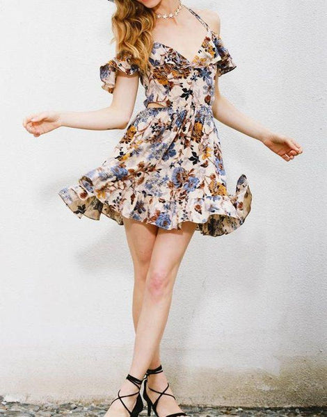 New summer cool V-neck print hanging neck strapless dress beach skirt
