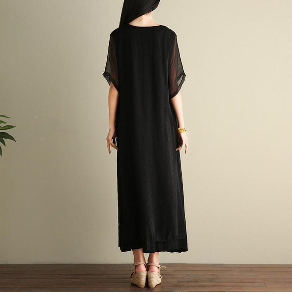 Embroidered Loose Casual Linen Cotton Maxi Dress