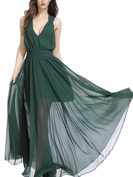 Hanging Neck Slim Dark Green Backless Sexy Big Swing Strap Beach Maxi Dress