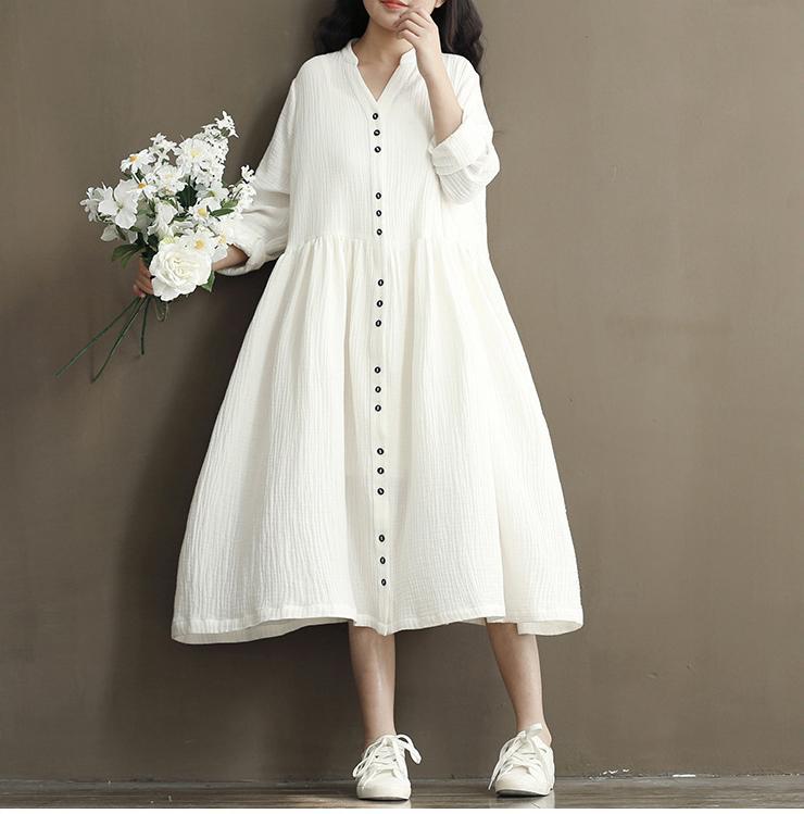 Vintage Button Linen Cotton Long Sleeve Midi Dress