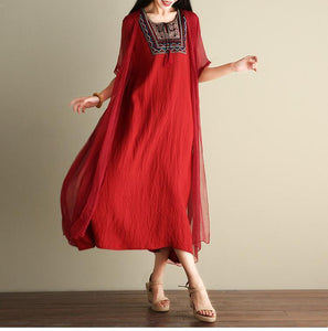 Embroidered Loose Casual Linen Cotton Maxi Dress