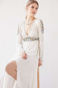 Bohemian Long Sleeve Embroidery Split Long Dress