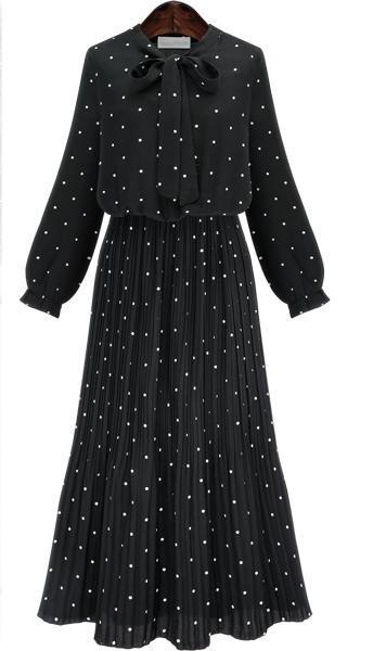 Polka Dot Long Sleeve Black Bowknot Bohemia Maxi Dress