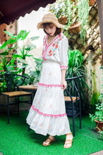 Load image into Gallery viewer, Floral Embroidered Hippie White Long Sleeve Pompom Maxi Dress