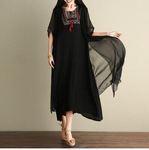 Embroidered Loose Casual Linen Cotton Maxi Dress