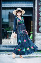 Load image into Gallery viewer, Boho Gypsy Floral Embroidery V Neck Maxi Dress