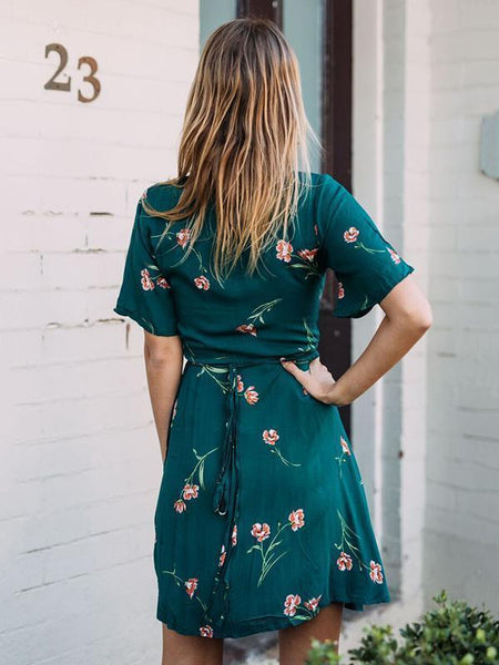Floral V-neck A-line Wrap Mini Dress