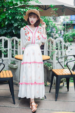 Load image into Gallery viewer, Floral Embroidered Hippie White Long Sleeve Pompom Maxi Dress