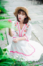 Load image into Gallery viewer, Floral Embroidered Hippie White Long Sleeve Pompom Maxi Dress