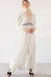 Bohemian Long Sleeve Embroidery Split Long Dress