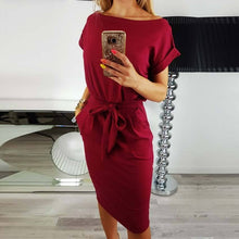 Load image into Gallery viewer, Solid Color Short Sleeve Belted Bodycon Midi Dress