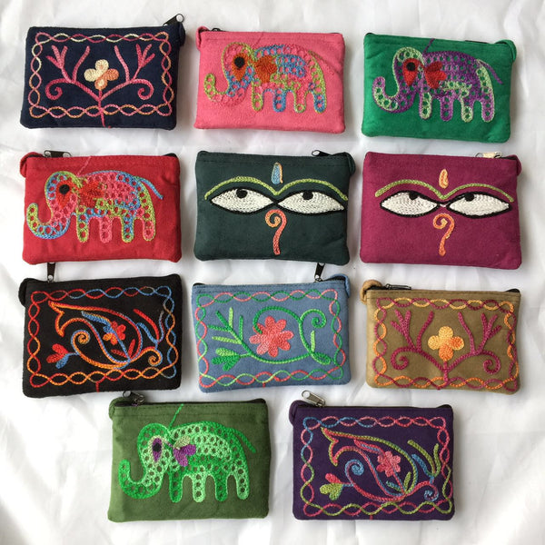 Nepali Hand-embroidered Suede Ethnic Style Mini Coin Purse Pocket Card Bag Short Fabric Coin Bag