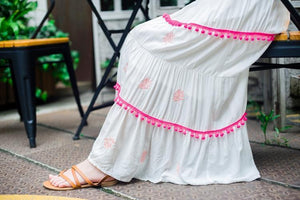 Floral Embroidered Hippie White Long Sleeve Pompom Maxi Dress