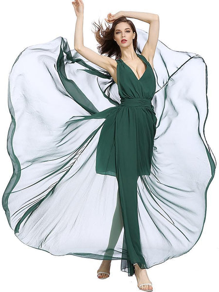 Hanging Neck Slim Dark Green Backless Sexy Big Swing Strap Beach Maxi Dress