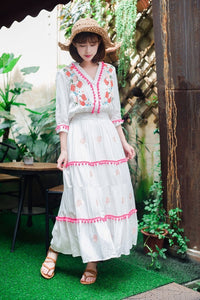 Floral Embroidered Hippie White Long Sleeve Pompom Maxi Dress