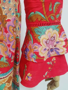 Boho Floral Printed Flare Long Sleeve Drawstring Waist Mini Dress