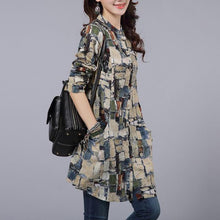 Load image into Gallery viewer, Long Shirt Women Vintage Cotton Linen Plaid Shirt Long sleeve Stand collar Ladies Casual Tops and Blouses