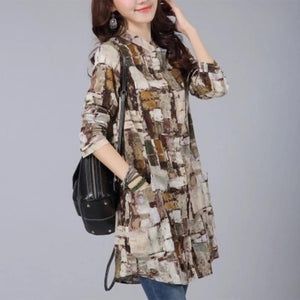 Long Shirt Women Vintage Cotton Linen Plaid Shirt Long sleeve Stand collar Ladies Casual Tops and Blouses