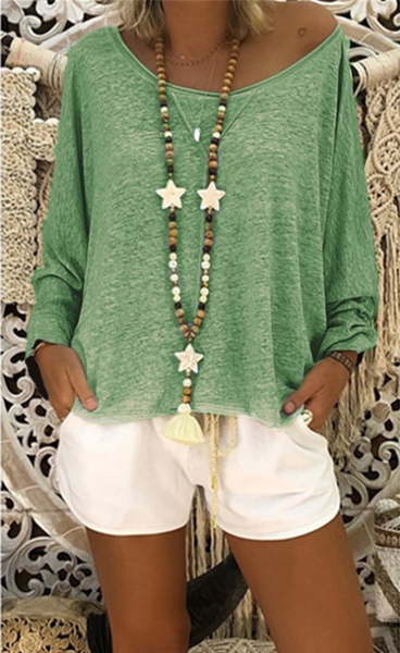 Solid Color Round Neck Long Sleeve T Shirt Blouse