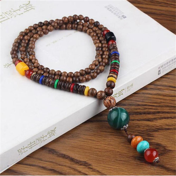 Unisex Handmade Necklace Nepal Buddhist Mala Wood Beads Pendant & Necklace Ethnic Fish Horn Long Statement Men Women's Jewelry