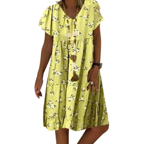 Summer Fashion Women Floral Print  V Neck Short Sleeve Dress