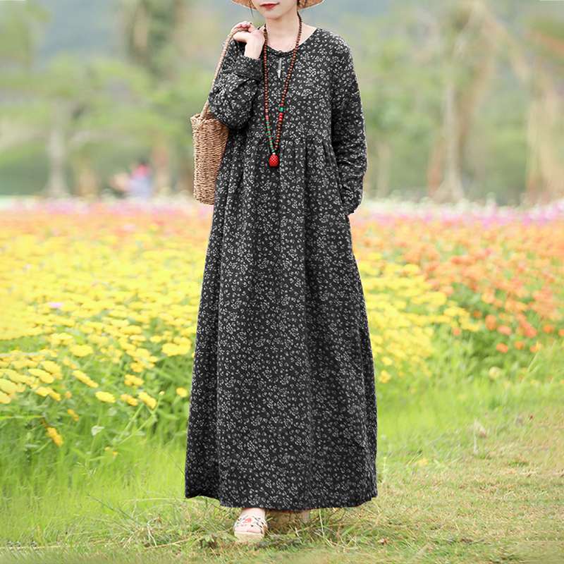 Vintage Women's Printed Dress Spring Sundress Casual Long Sleeve Maxi Vestidos Female Floral Hollow Robe Oversized