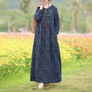 Vintage Women's Printed Dress Spring Sundress Casual Long Sleeve Maxi Vestidos Female Floral Hollow Robe Oversized
