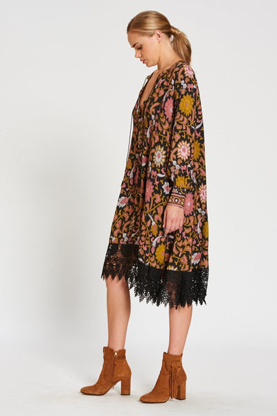 Print V Neck Long Sleeve Lace Splice Dress