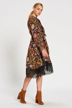Load image into Gallery viewer, Boho Vintage Floral V-neck Lace-up Lace Loose Midi Dress