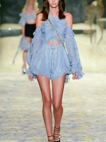 Chiffon Lace Off-the-shoulder Long-sleeved Lantern Sleeves Waist and Smocked Lace-up Jumpsuit Dress