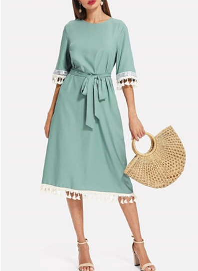Solid Color Short Sleeve Lace Splice Midi Dress
