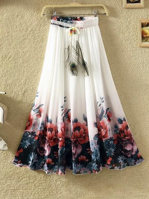 Print Floral Boho Style Long Skirt Huge Hem Chiffon Bohemian Skirt - 2