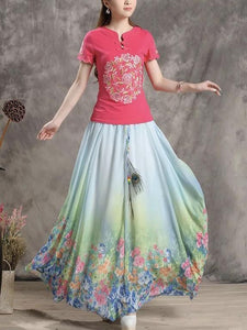 Print Floral Boho Style Long Skirt Huge Hem Chiffon Bohemian Skirt - 4