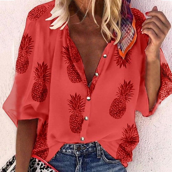 Women Blouse Sexy V-Neck Tops Pineapple Printed Shirts