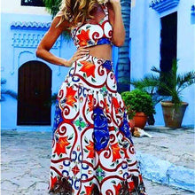 Load image into Gallery viewer, Women Boho Two Piece Set Summer Dress Vintage Printed Pad Crop Top Sexy Maxi Dress Plus Size Elegant Beach Dresses Long Vestidos